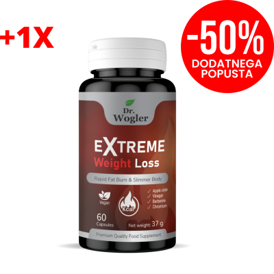 Bottle of Dr. Wogler Extreme Weight Loss capsules with a red 50% off badge on a black background, highlighting a weight-loss supplement.