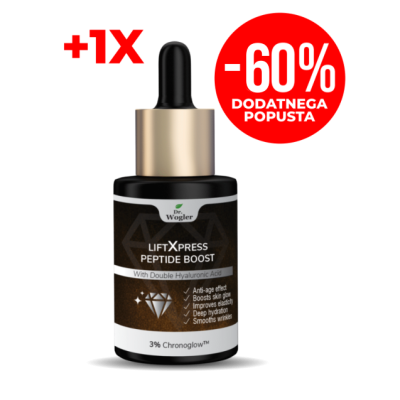 Dropper bottle of LiftXpress Peptide Boost serum with gold cap and dark label, plus a red circular badge showing 60% extra discount in Croatian.