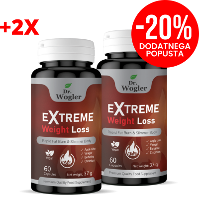 Two Dr. Wogler Extreme Weight Loss supplement bottles with a red -20% discount badge on a black background, promotional image.
