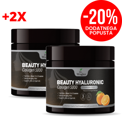 Two dark jars of Beauty Hyaluronic Collagen 5000 with orange flavor; promo badge shows -20% off and +2X text at top left.