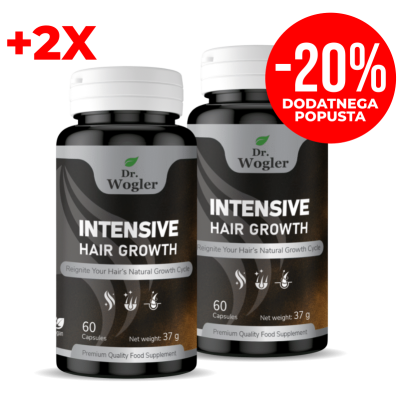Two Dr. Wogler Intensive Hair Growth bottles with a bold red -20% discount badge and +2X text on a black background.